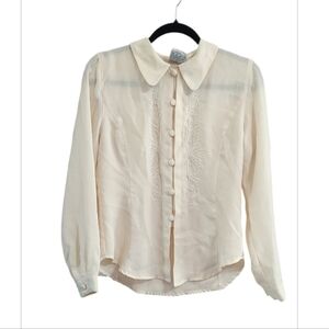 Vintage Alexon Cream Button-Down Long Sleeve Embroidered Blouse
